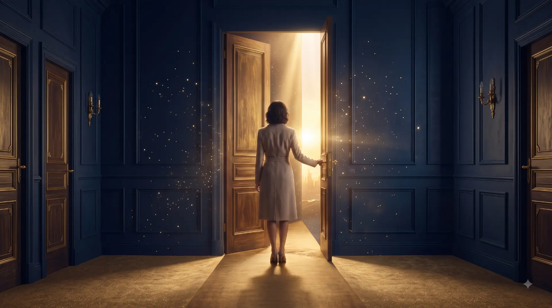 Mulher abrindo uma porta para uma luz dourada, símbolo de um novo começo